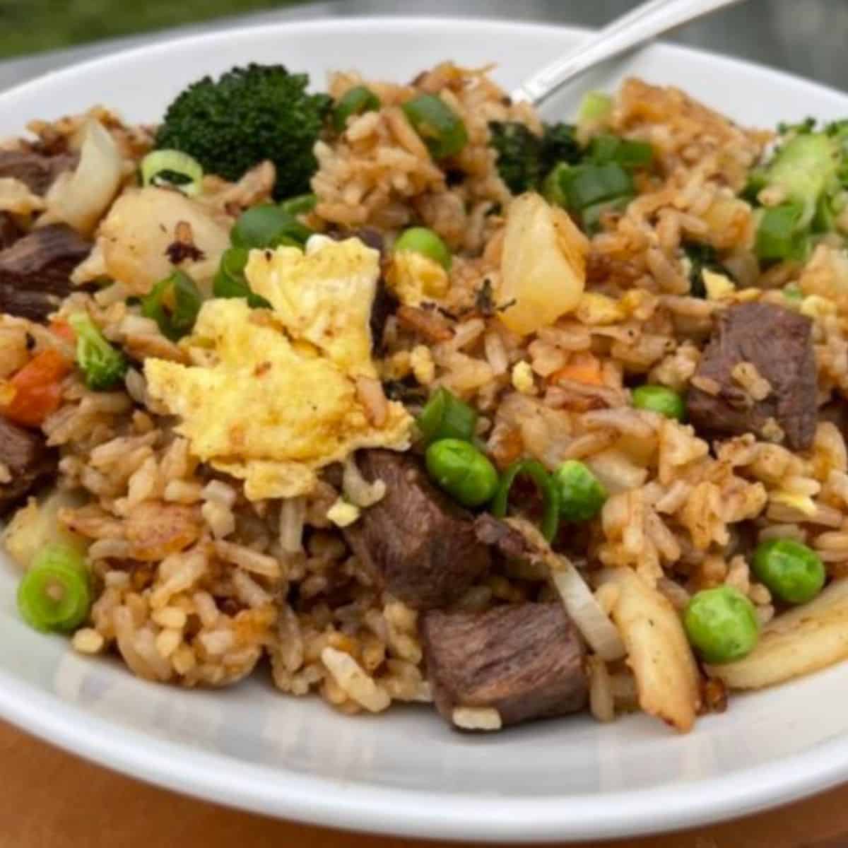 White bowl full of Blackstone fried rice