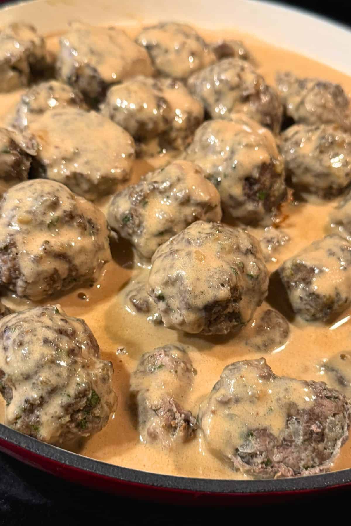 Pan full of creamy Swedish meatballs